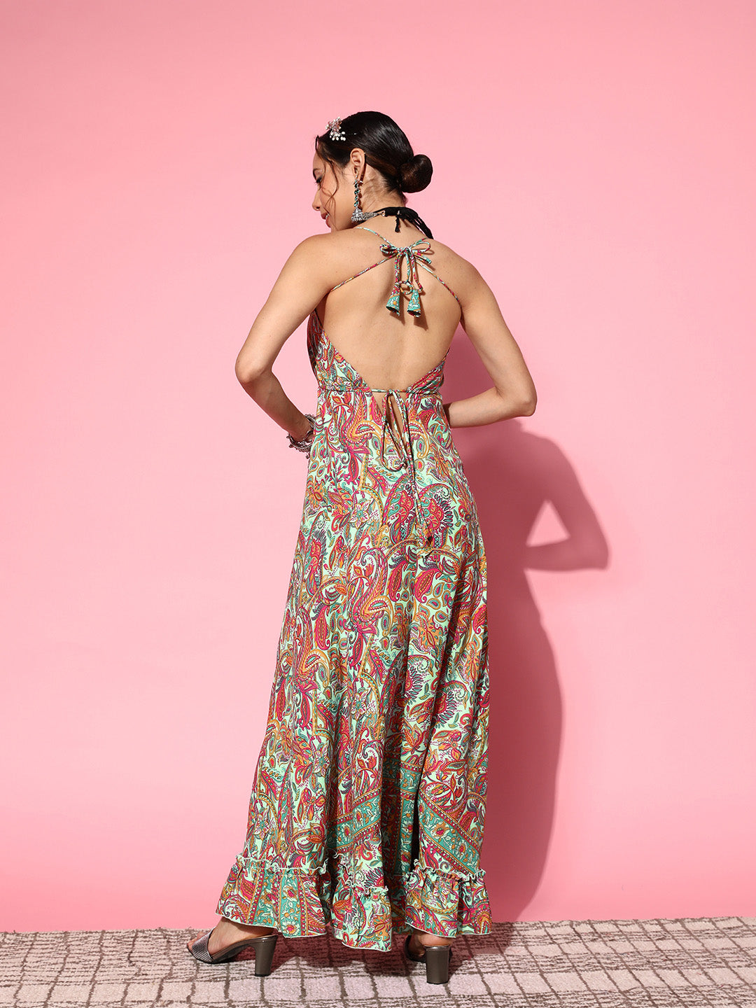 InWeave Women's Green Paisley Print Back Detail Long Dress - Swadesiicart