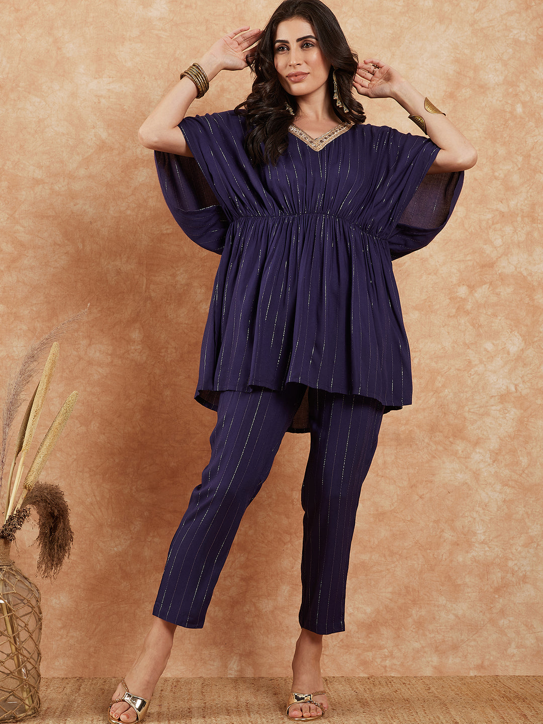 InWeave Women's Royal Blue Lurex V Neck Gota Kaftan Style Kurta Set - Swadesiicart