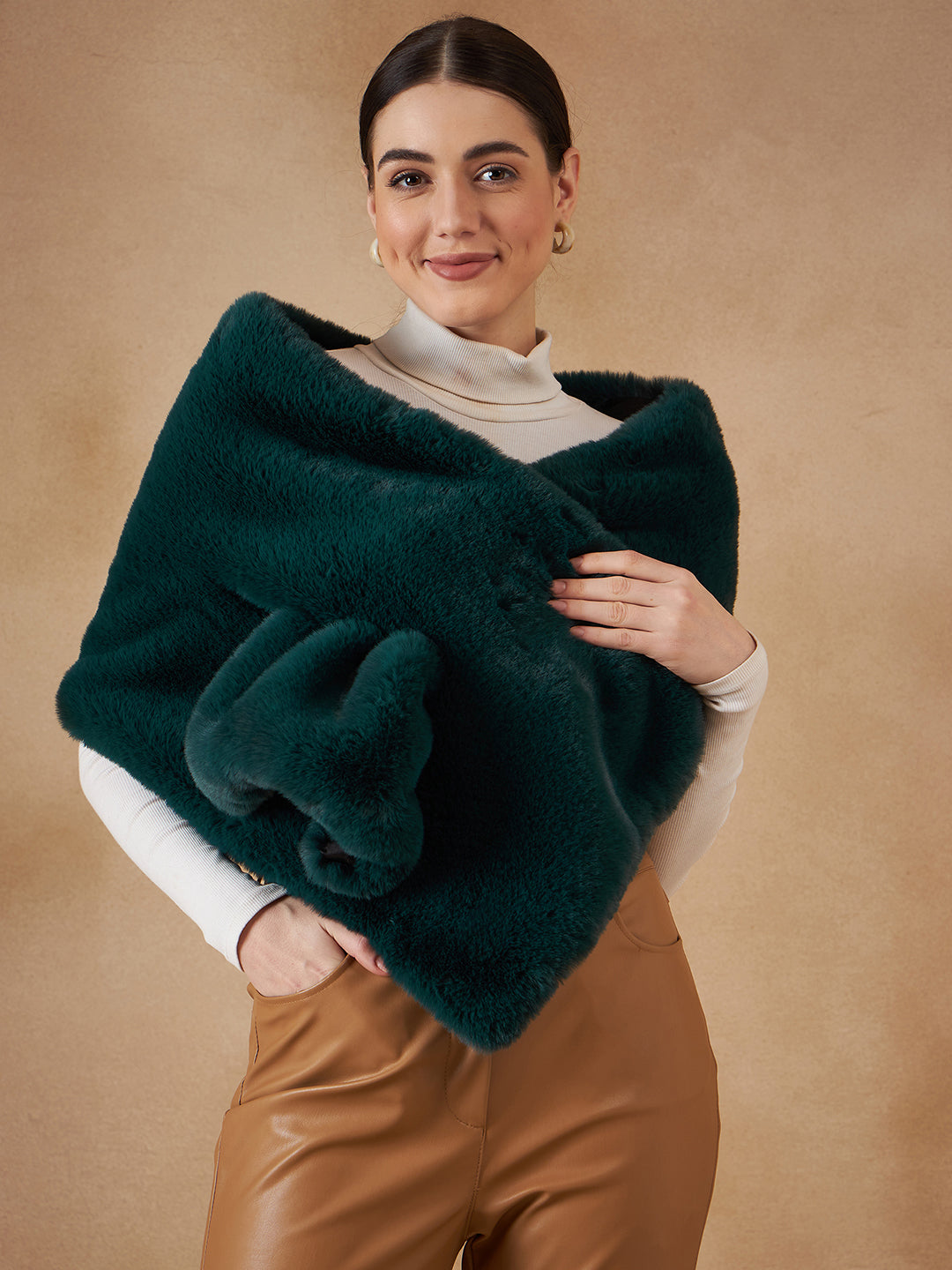 InWeave Women's Dark Teal Long Faux Fur Cape - Swadesiicart