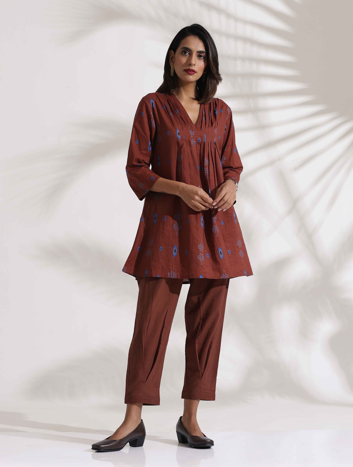 trueBrowns Brown Cotton Print Pleated Top & Pants Co-ord Set - Swadesiicart