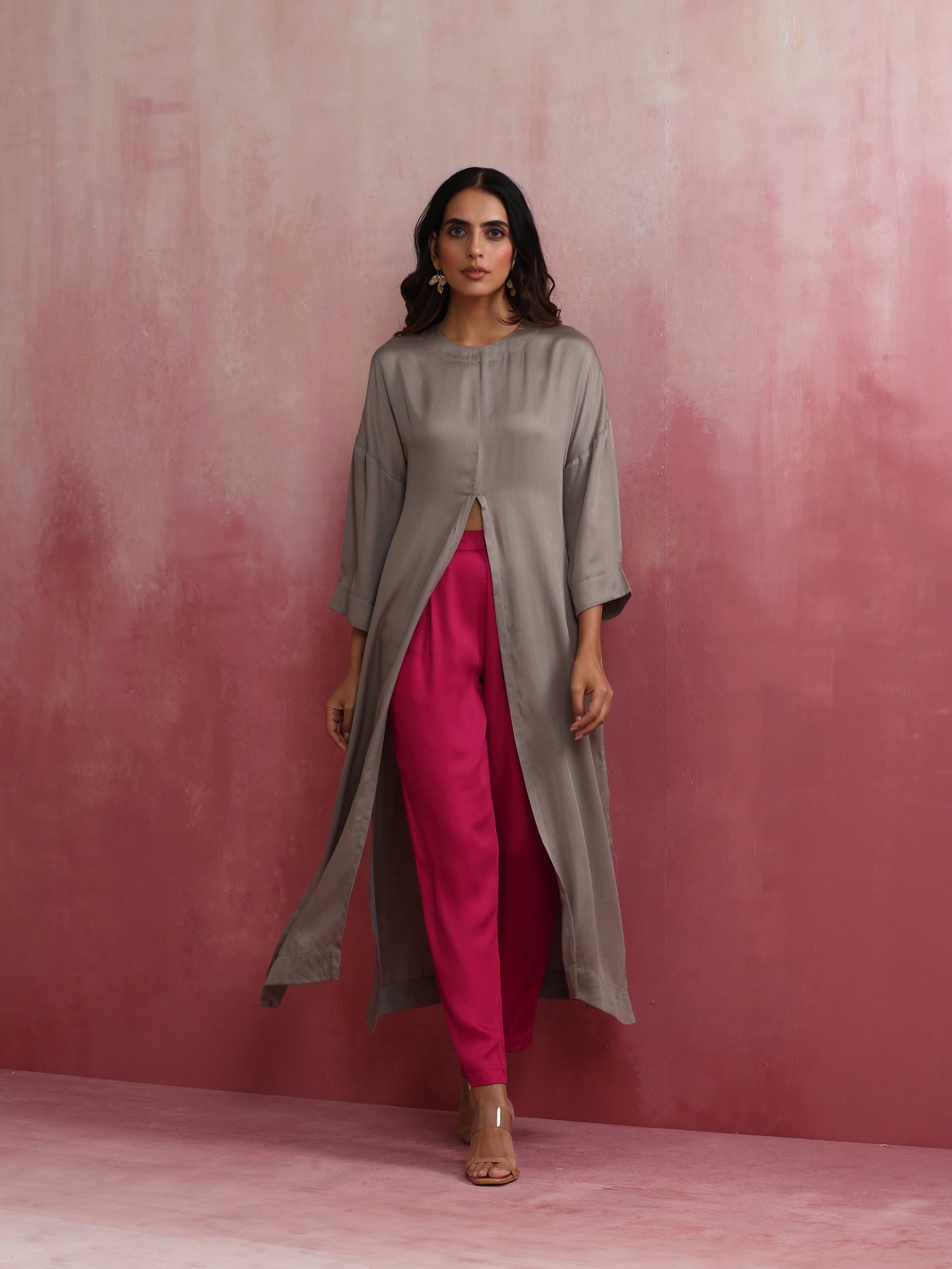 trueBrowns Grey High Slit Modal Kurta Set | Swadesiicart