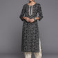 Varanga Black Printed Cotton Kurta Wity Embroidered Yoke | Swadesiicart