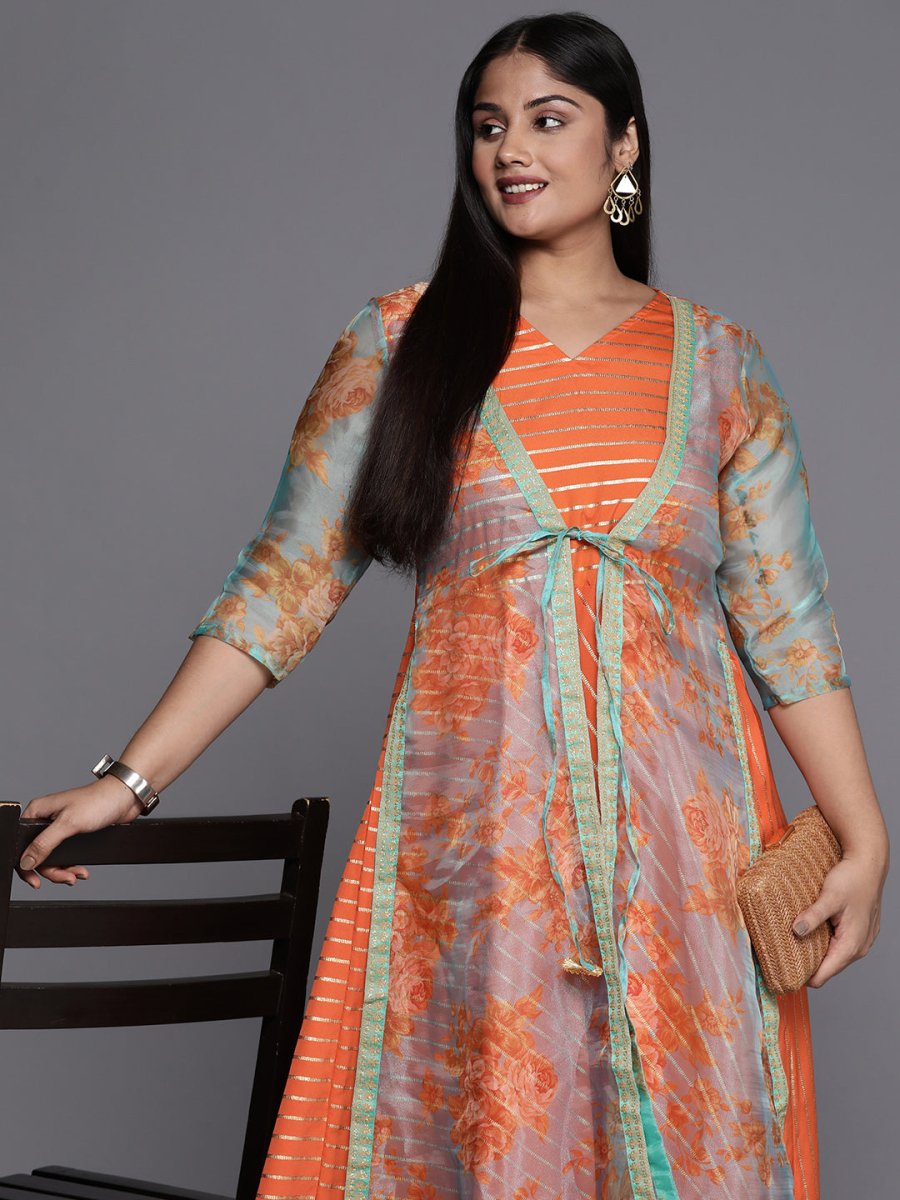 Ahalyaa Plus Size V-Neck Maxi Ethnic Dress | Swadesiicart