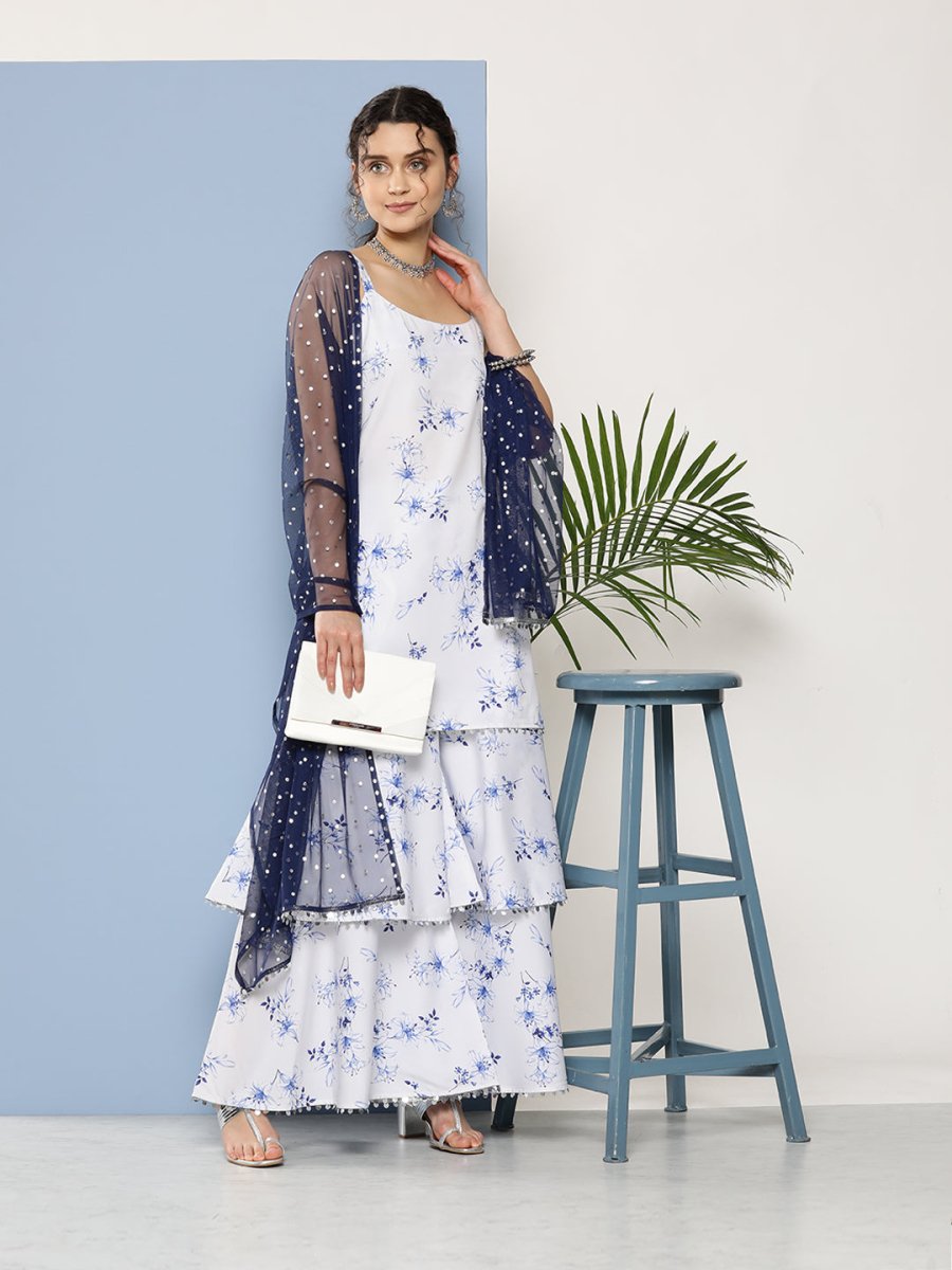 Ahalyaa Women White Floral Printed Sequinned Kurta with Sharara & With Dupatta | Swadesiicart