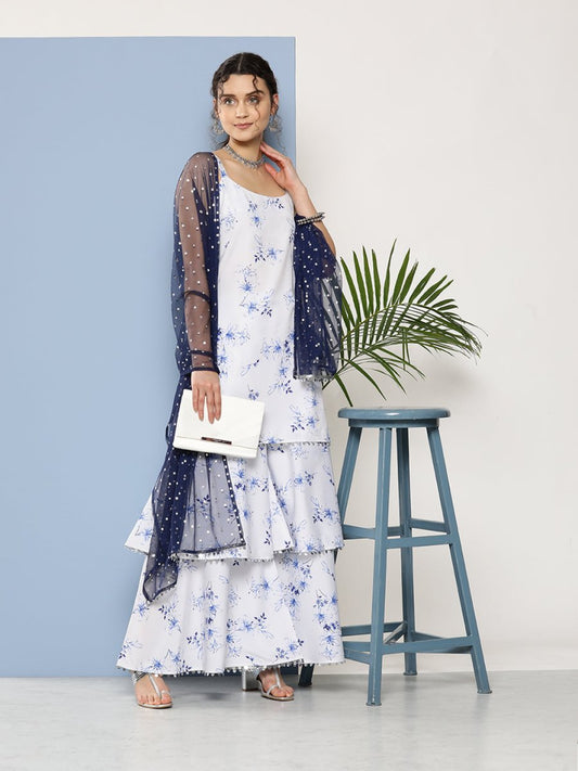 Ahalyaa Women White Floral Printed Sequinned Kurta with Sharara & With Dupatta | Swadesiicart