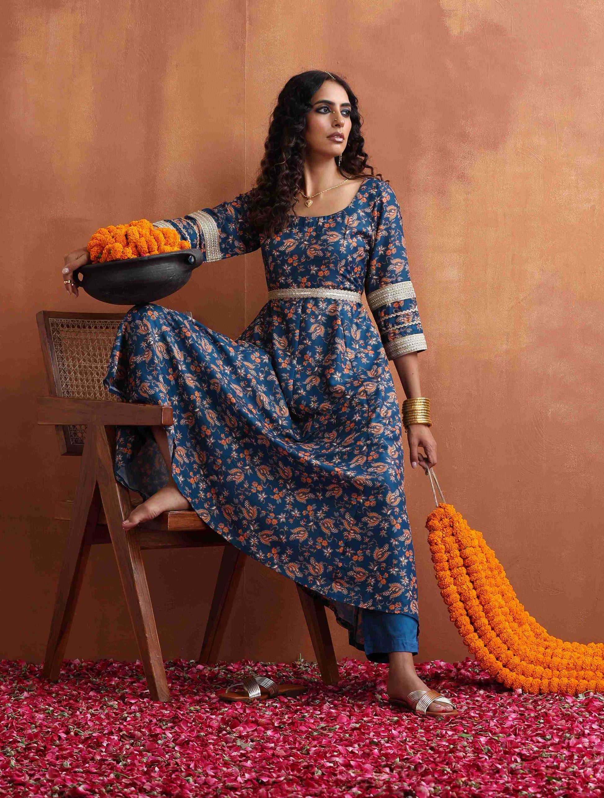 trueBrowns Blue Print Flared Anarakali Kurta Set | Swadesiicart