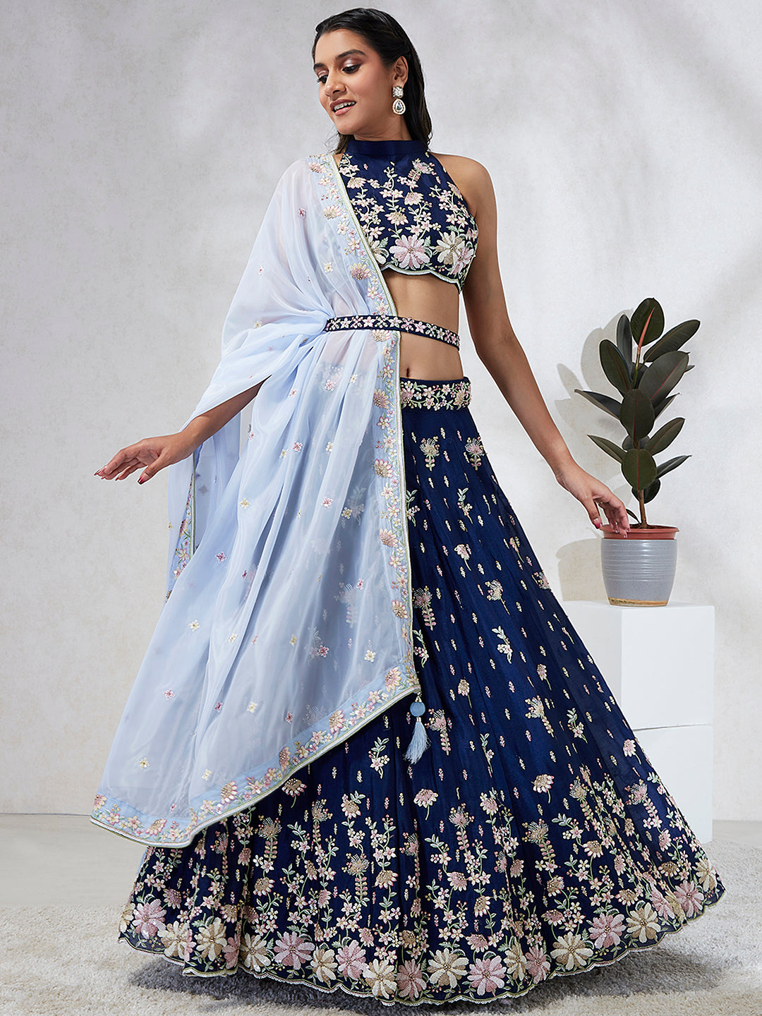 House of Panchhi Navy Blue Pure Georgette Sequins And Thread Embroidery Lehenga Choli & Dupatta | Swadesiicart