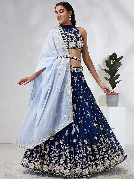 House of Panchhi Navy Blue Pure Georgette Sequins And Thread Embroidery Lehenga Choli & Dupatta | Swadesiicart
