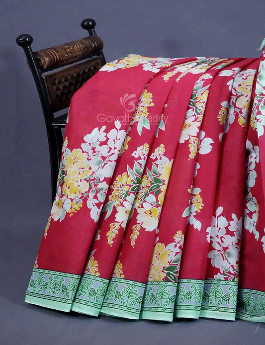 Tomato Red Colour Block Print Pure Mulmul Cotton Saree By Gayathri Reddy Designer Studio | Swadesiicart