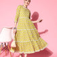 InWeave Women's Yellow Floral Print Tiered Dress With Lace - Swadesiicart