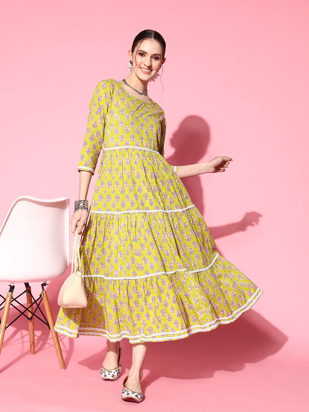 InWeave Women's Yellow Floral Print Tiered Dress With Lace - Swadesiicart
