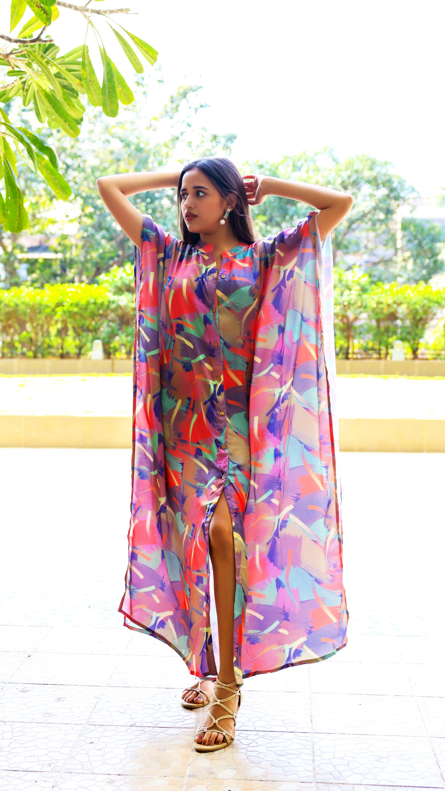 Noroke Sustainable fabric | Bemberg Abstract Printed Shirt Style Kaftan | Swadesiicart