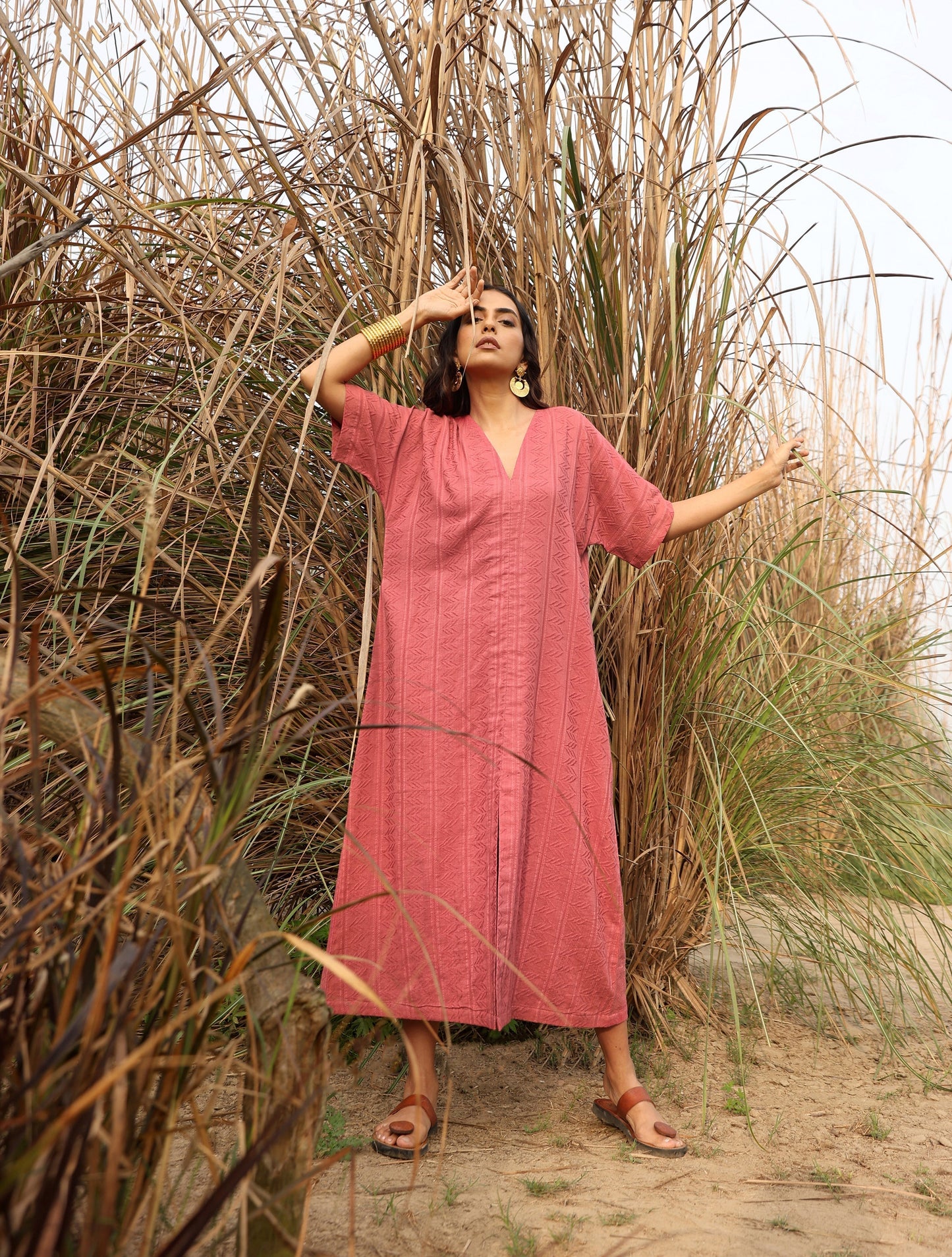 trueBrowns Coral Cotton Dobby Front Slit Dress | Swadesiicart