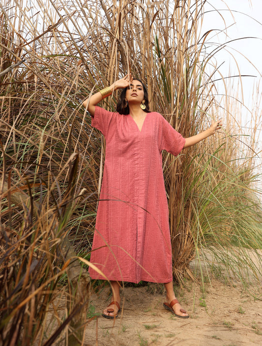 trueBrowns Coral Cotton Dobby Front Slit Dress | Swadesiicart