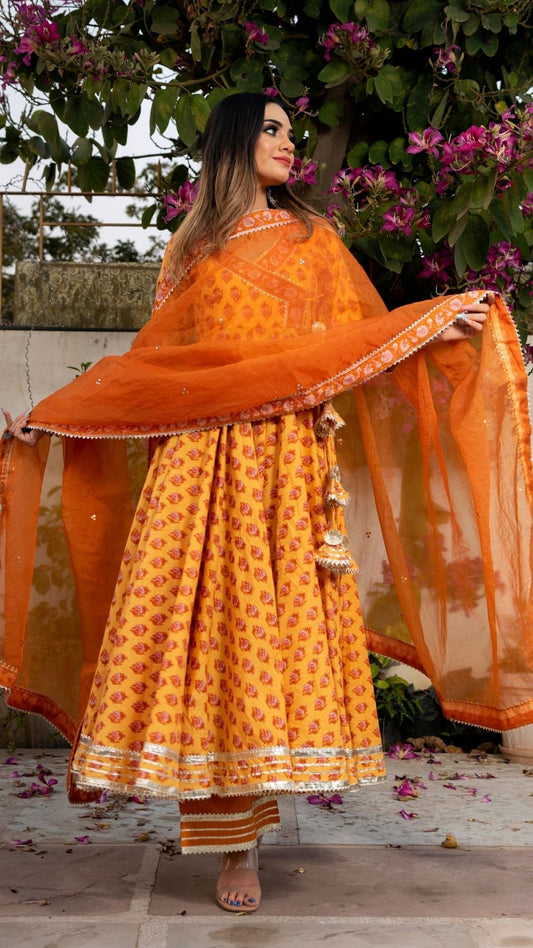 Pomcha Jaipur Mehar Light Brown Hand Block Anarkali Set | Swadesiicart