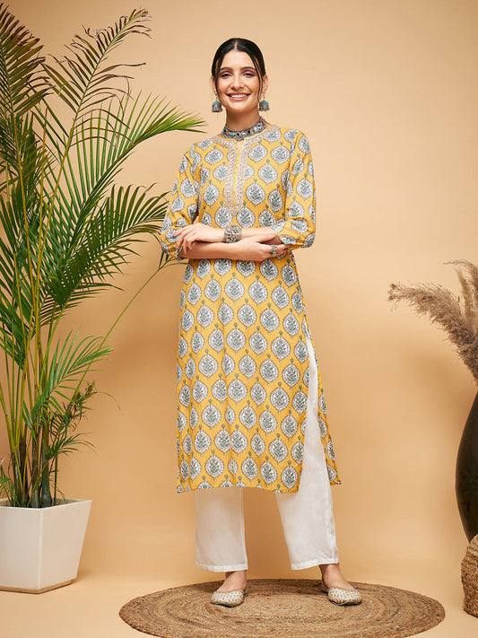 InWeave Women's Sunset Boota Print Gota Straight Kurta Pant Set - Swadesiicart