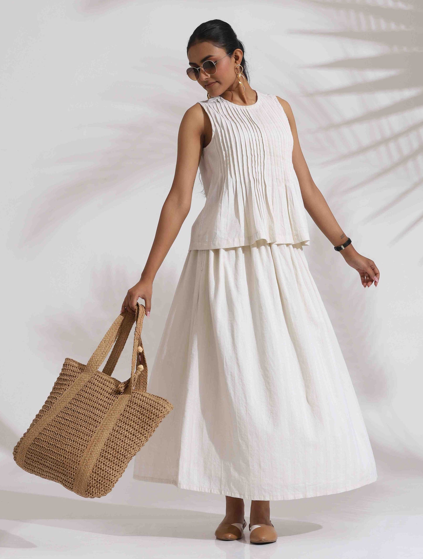 trueBrowns Off-White Cotton Skirt Co-ord Set - Swadesiicart
