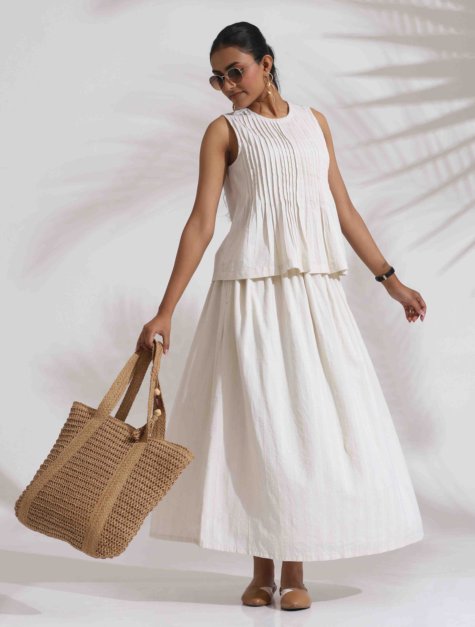 trueBrowns Off-White Cotton Skirt Co-ord Set - Swadesiicart