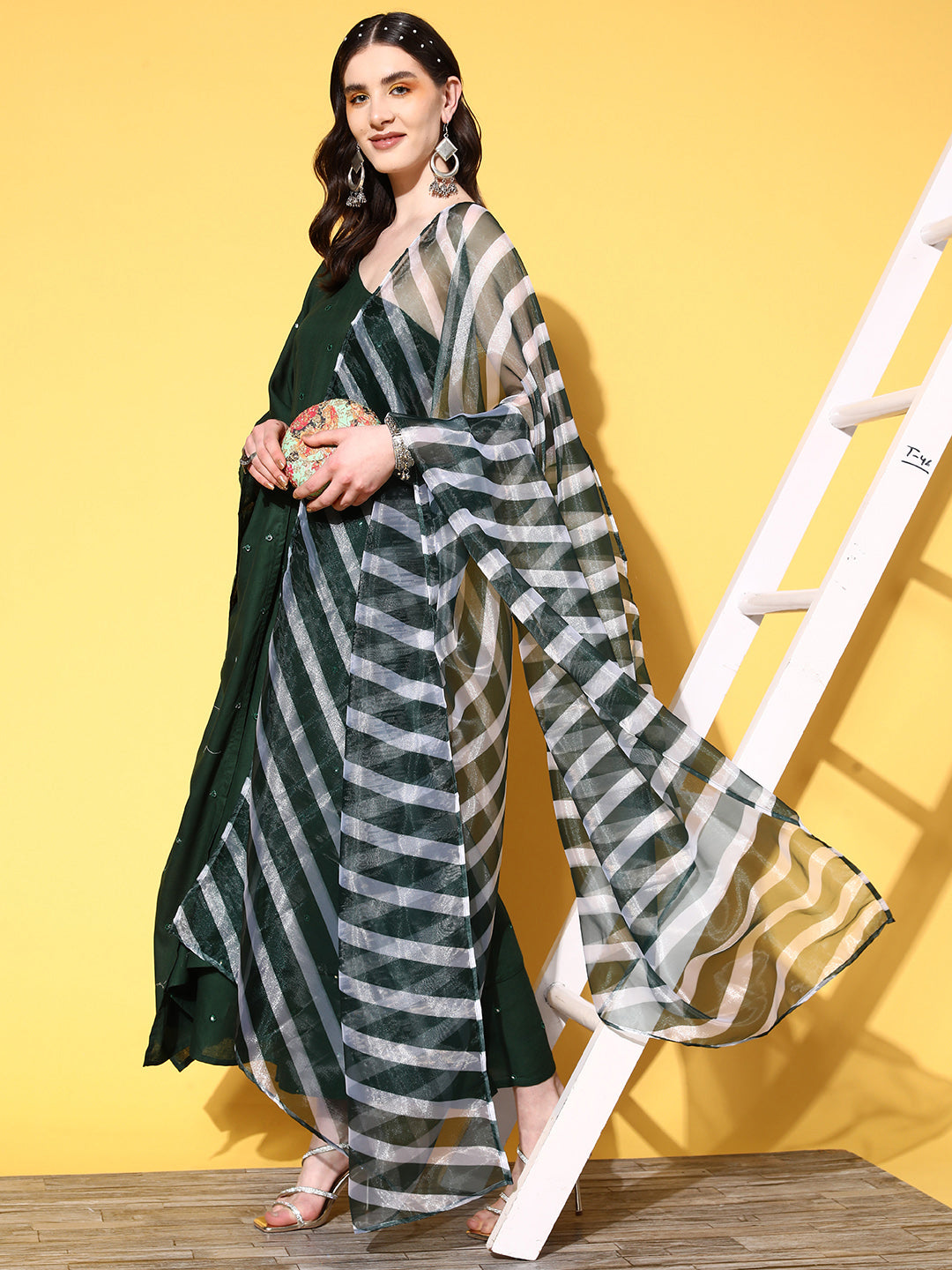 InWeave Women's Green Mirror Work One Shoulder Kurta Set With Dupatta - Swadesiicart