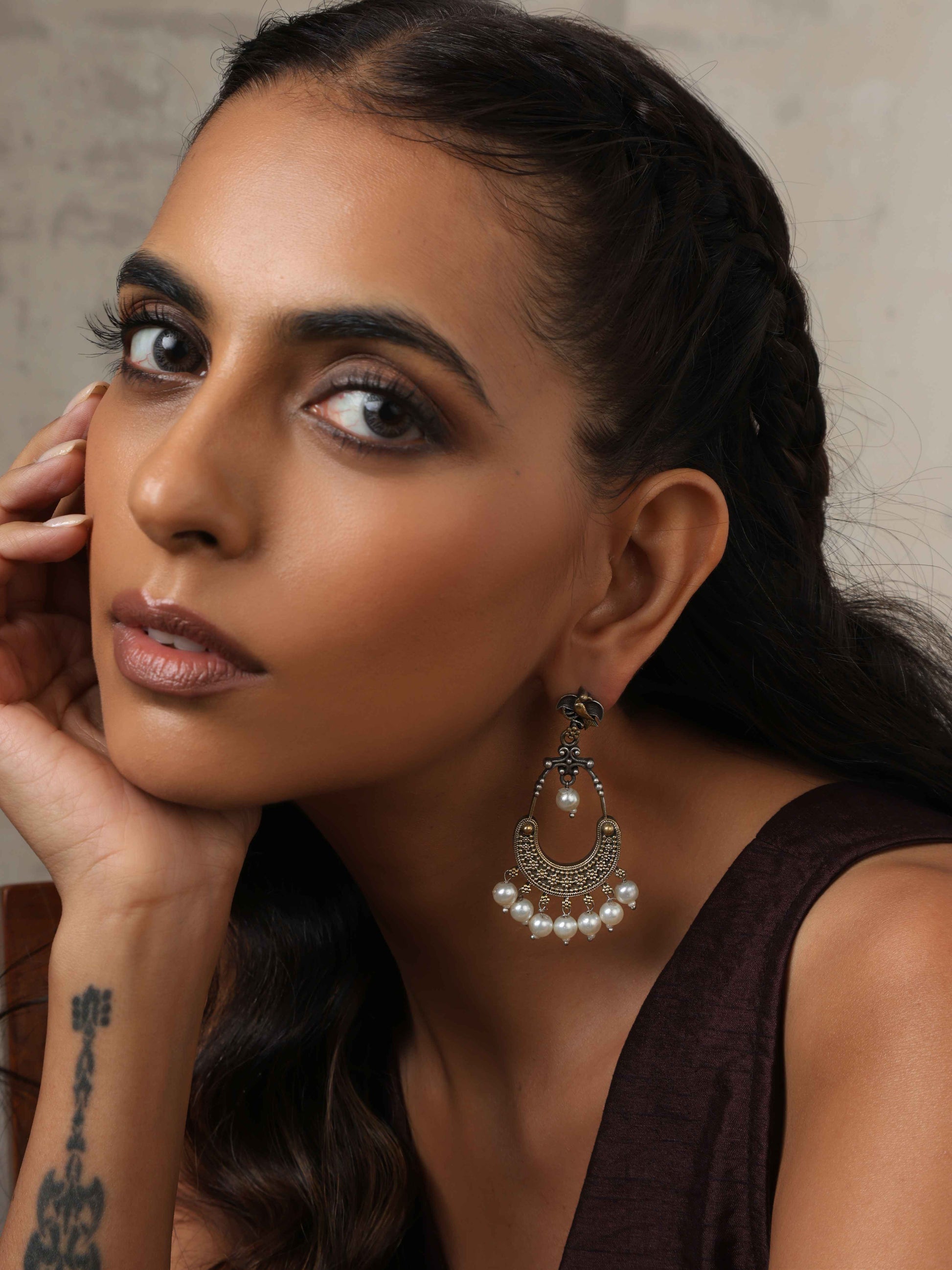 trueBrowns Silver Gold Tone Chandbaali Earrings - Swadesiicart