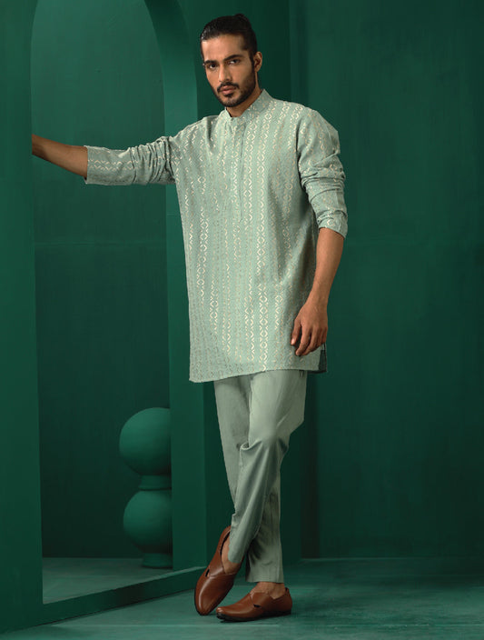 trueBrowns Men's Mint Green Dobby Co-ord Set - Swadesiicart