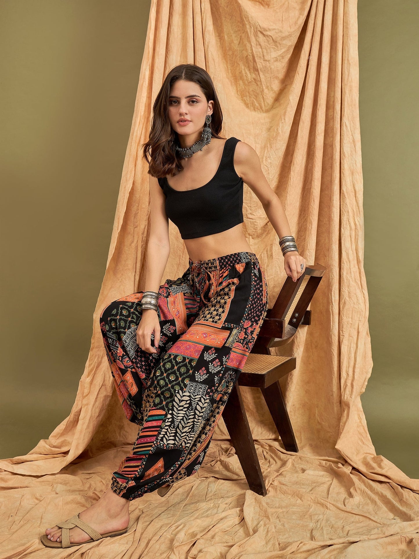 InWeave Black Multi Ethnic Harem Pant - Swadesiicart