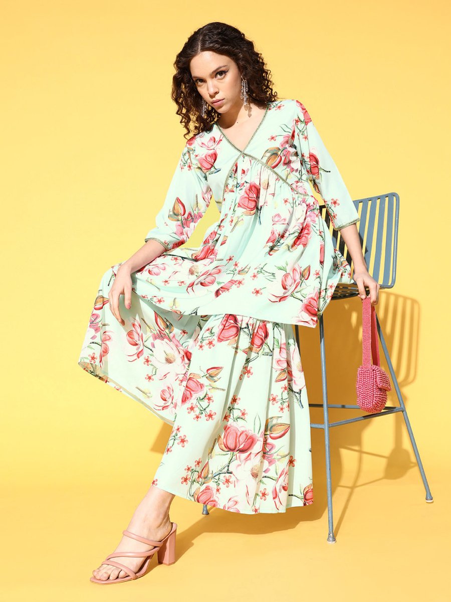Ahalyaa Women Floral Printed Pleated Kurti with Sharara | Swadesiicart