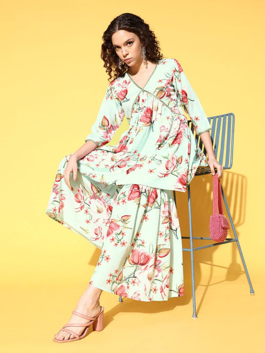Ahalyaa Women Floral Printed Pleated Kurti with Sharara | Swadesiicart