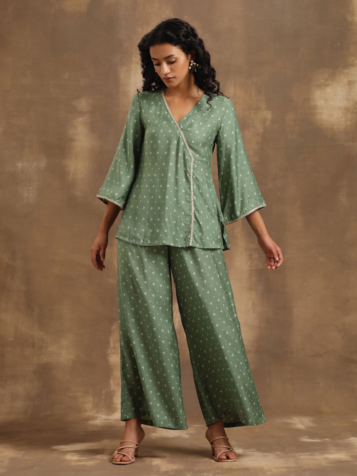 trueBrowns Light Green Bandhani Printed Silk Co-Ord Set - Swadesiicart