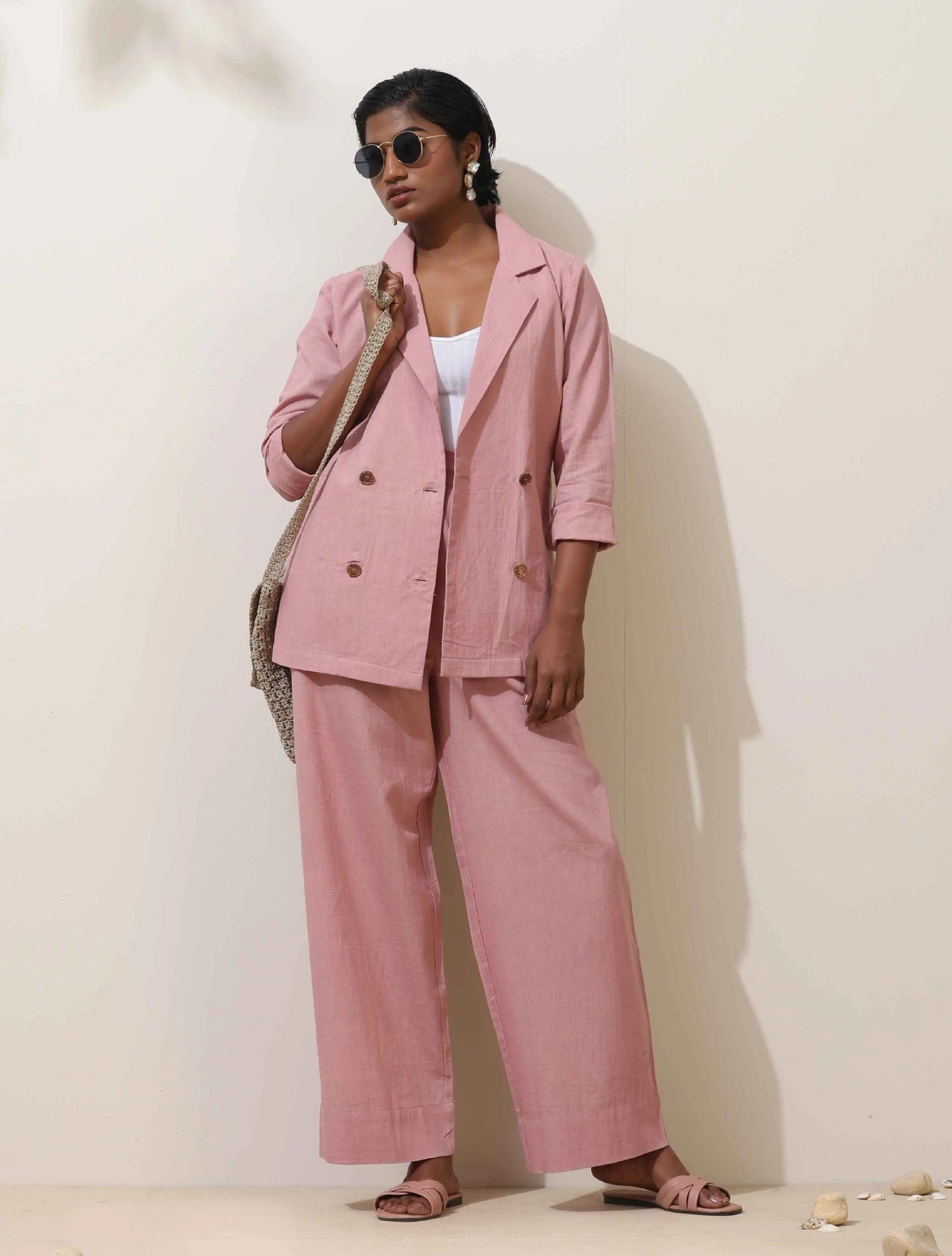 trueBrowns Pink Cotton Linen Co-Ord Set - Swadesiicart