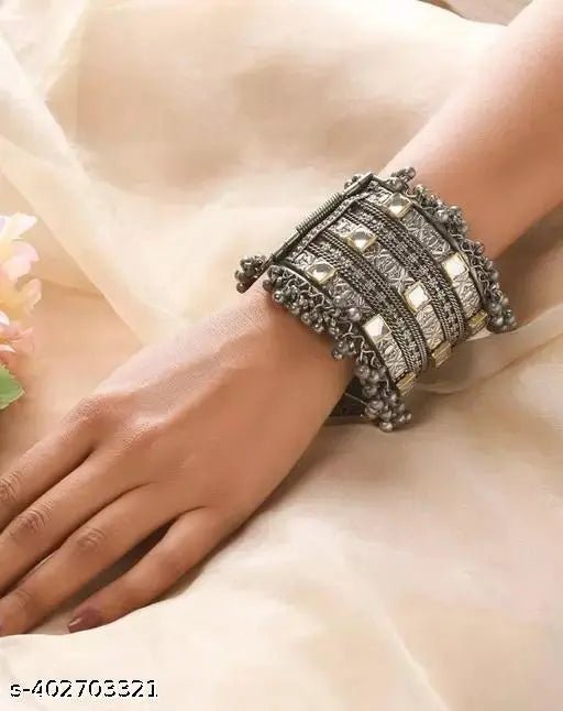 Tehzeeb Creations Women's Silver Colour Oxidised Bangle With Kundan - Swadesiicart