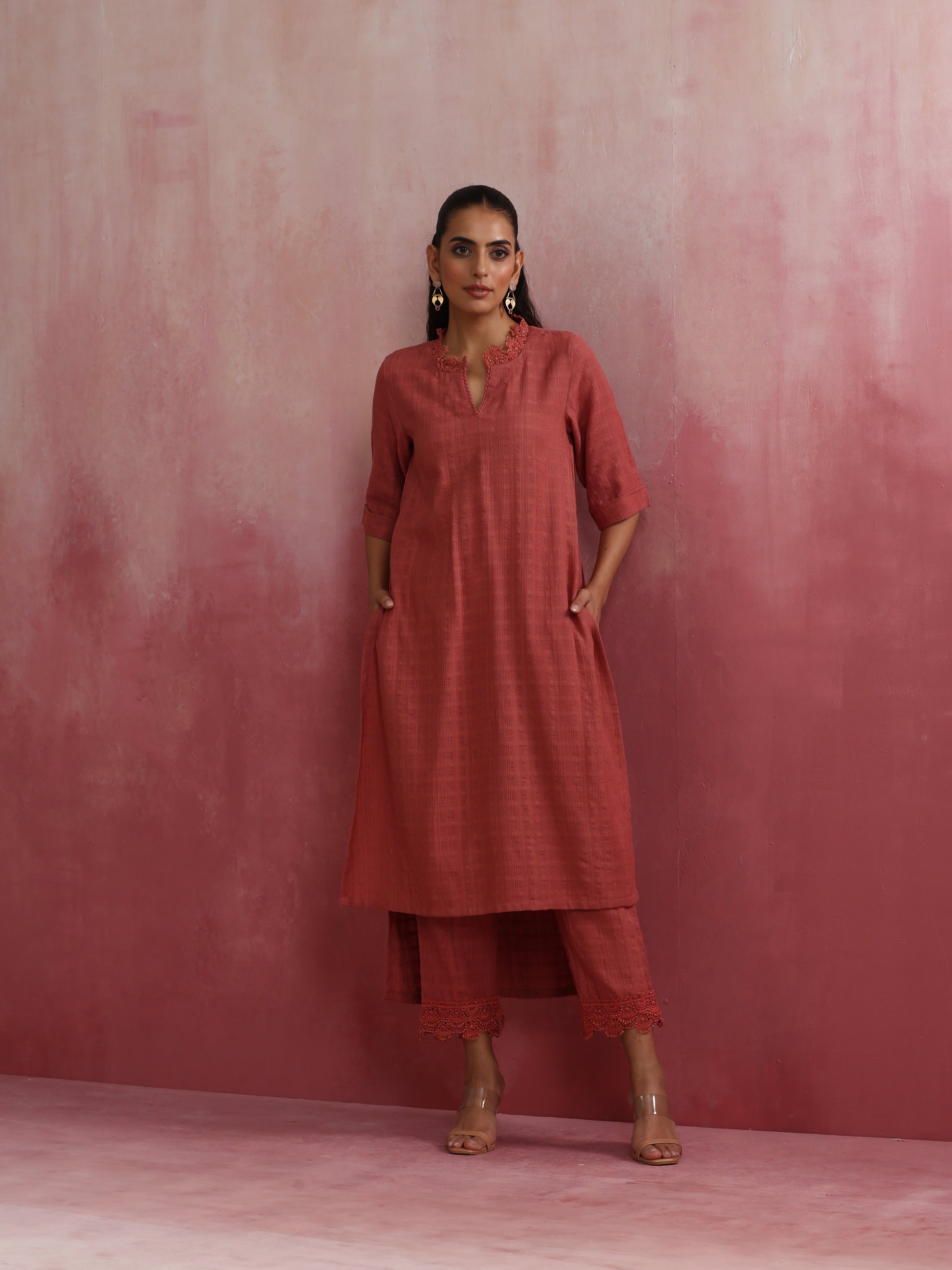 trueBrowns Peach High low Cotton Dobby Kurta Set | Swadesiicart