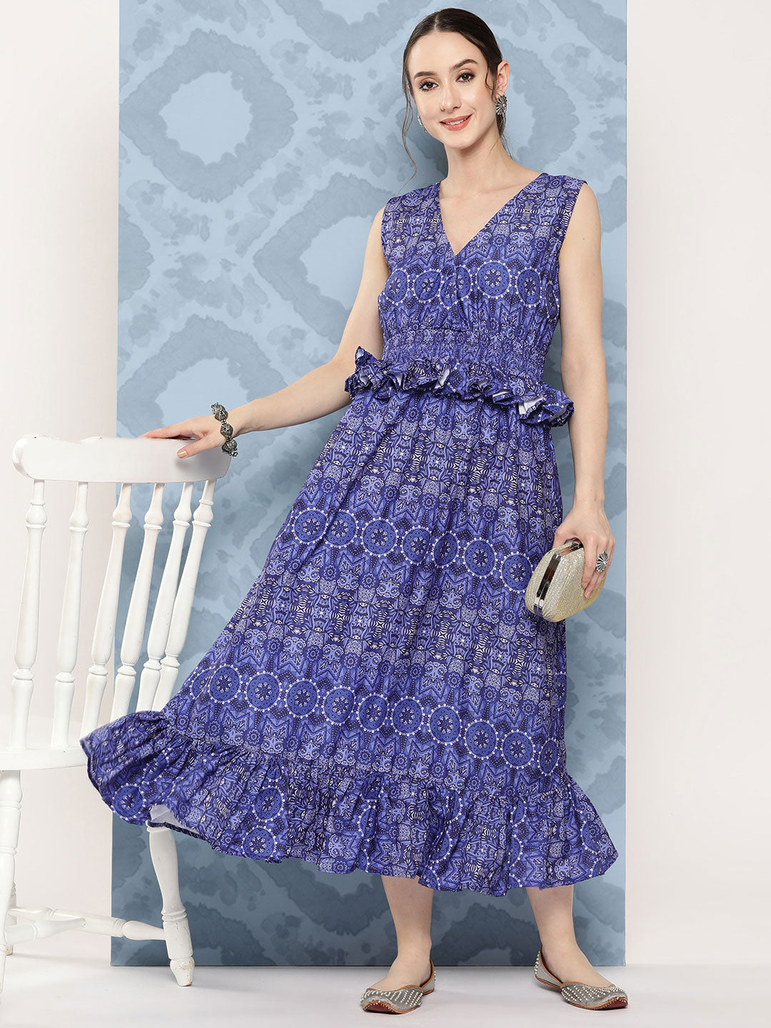 InWeave Women's Blue Floral Paisley Print Long Frill Dress - Swadesiicart