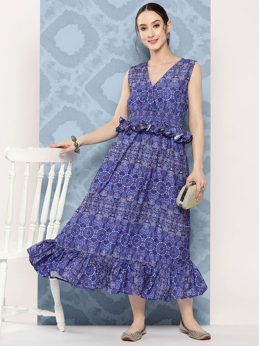 InWeave Women's Blue Floral Paisley Print Long Frill Dress - Swadesiicart