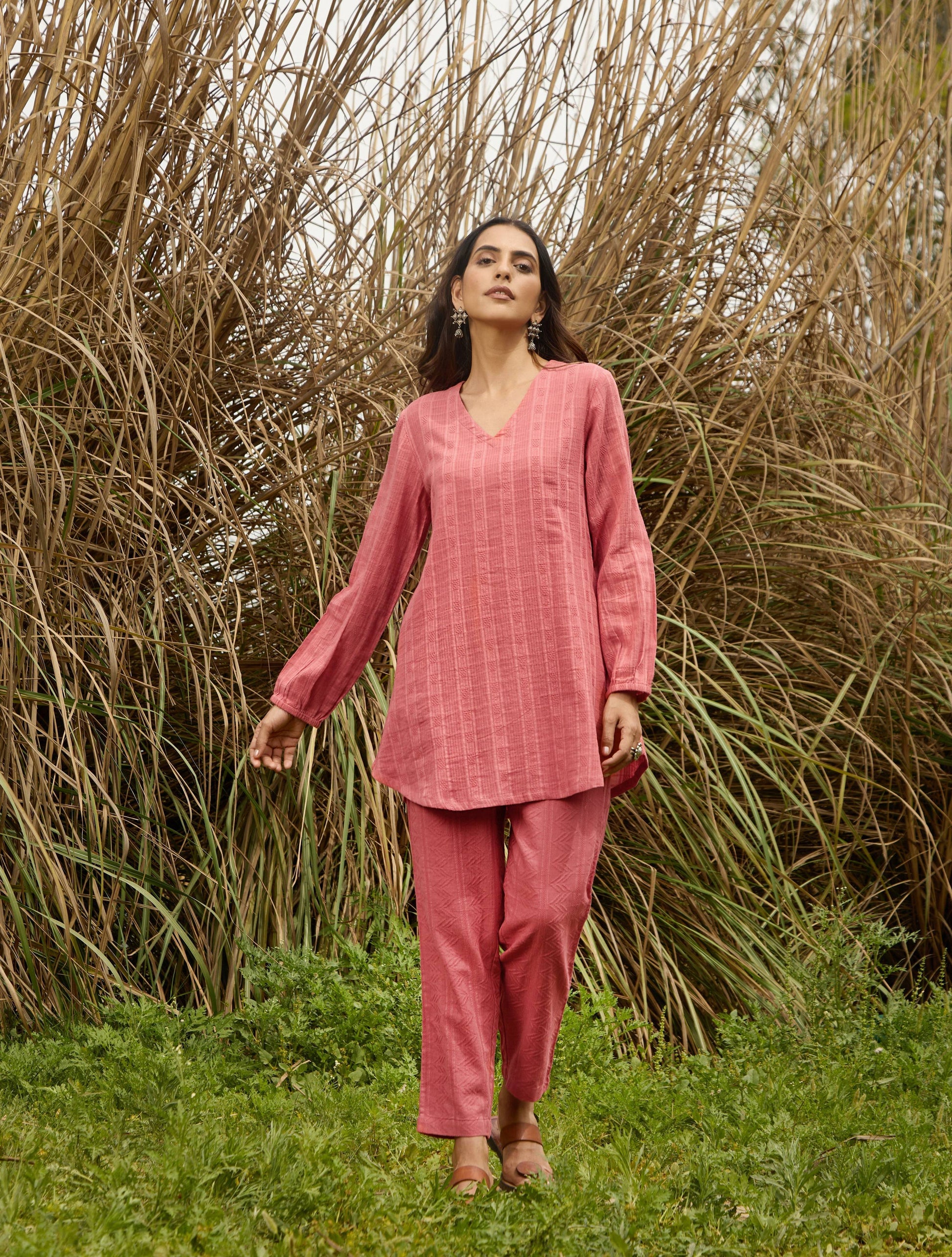 trueBrowns Coral Cotton Dobby Relaxed Co-ord Set - Swadesiicart