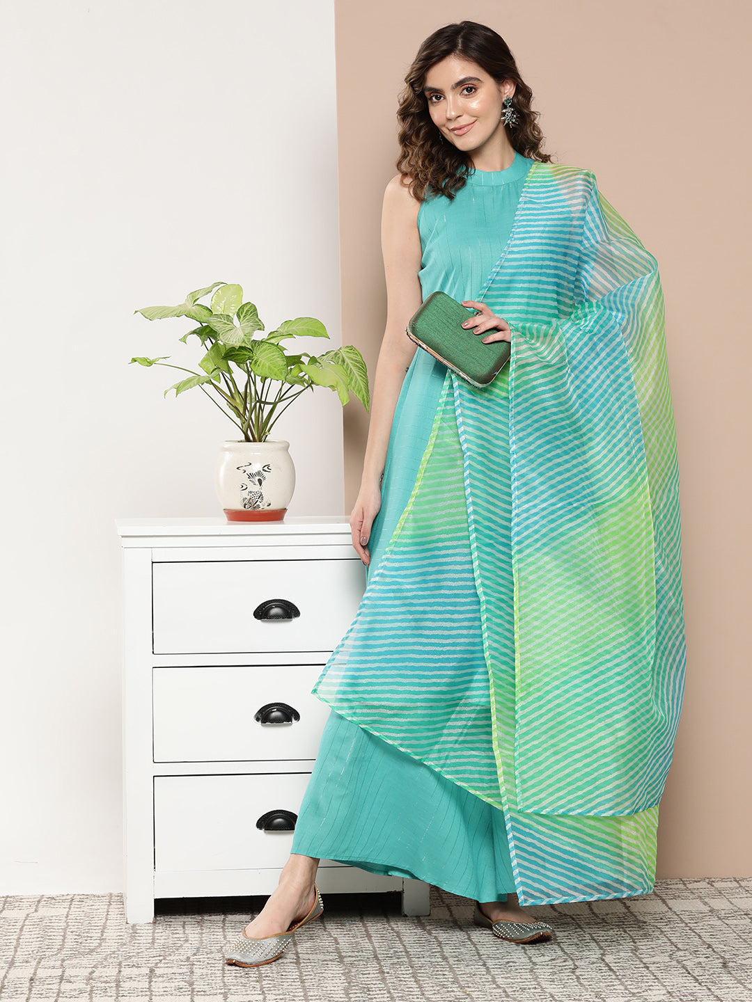 InWeave Women's Teal Lurex Boho Kurta Set With Aqua Leh Organza Dupatta - Swadesiicart