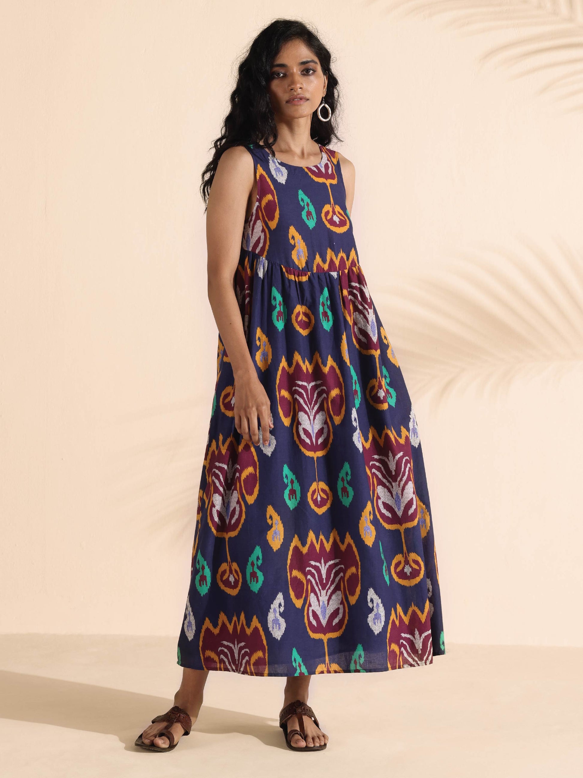 trueBrowns Purple Cotton Ikat Flared Dress | Swadesiicart