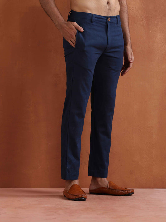 trueBrowns Men's Blue Cotton Twill Pants | Swadesiicart