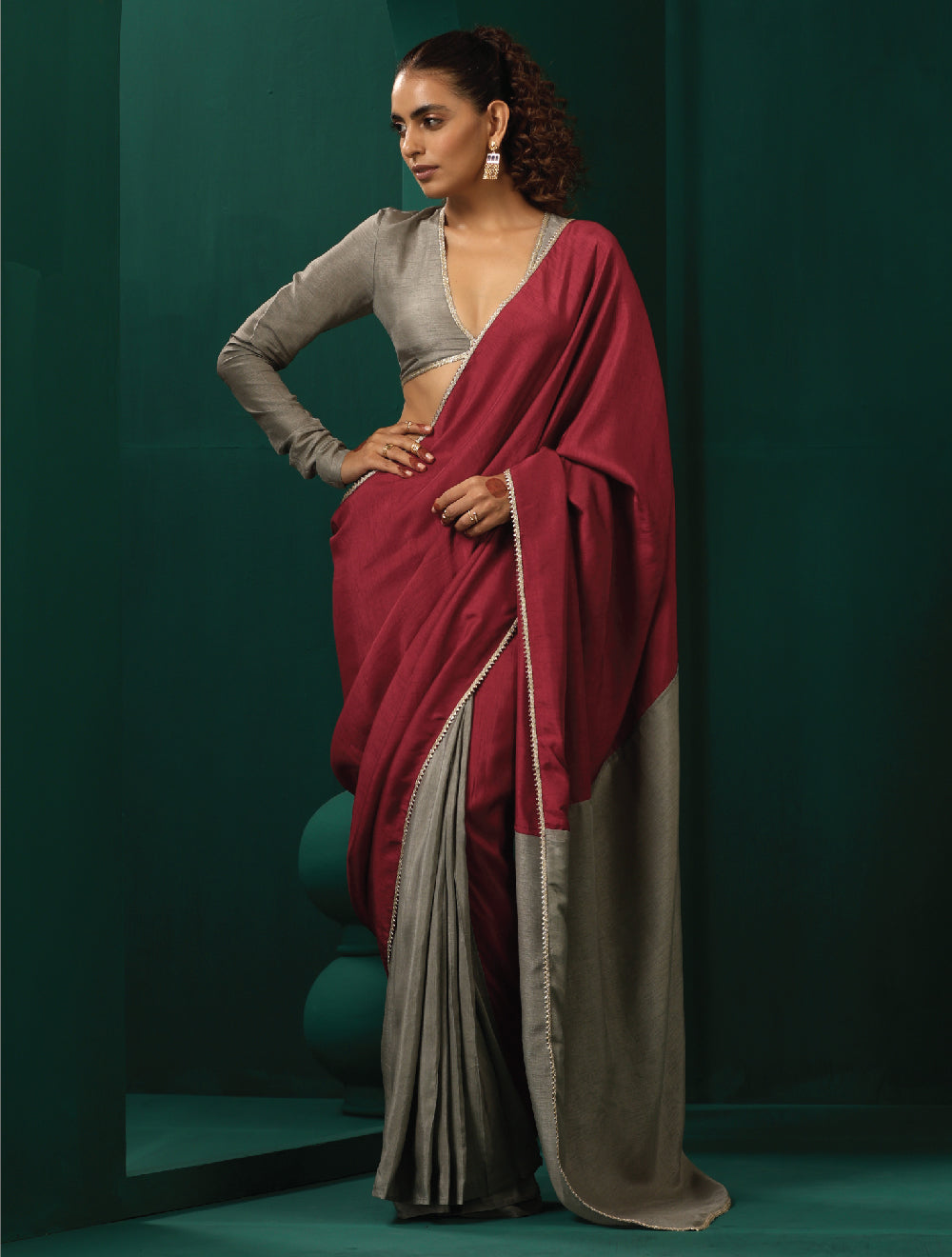 trueBrowns Grey Maroon Silk Ready to Wear Saree | Swadesiicart
