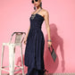 InWeave Women's Navy Blue Mirror Work Off Shoulder Kurta Set - Swadesiicart