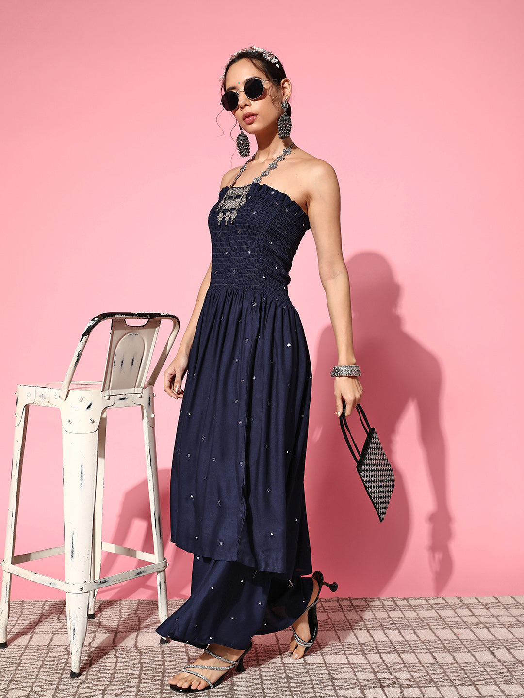 InWeave Women's Navy Blue Mirror Work Off Shoulder Kurta Set - Swadesiicart