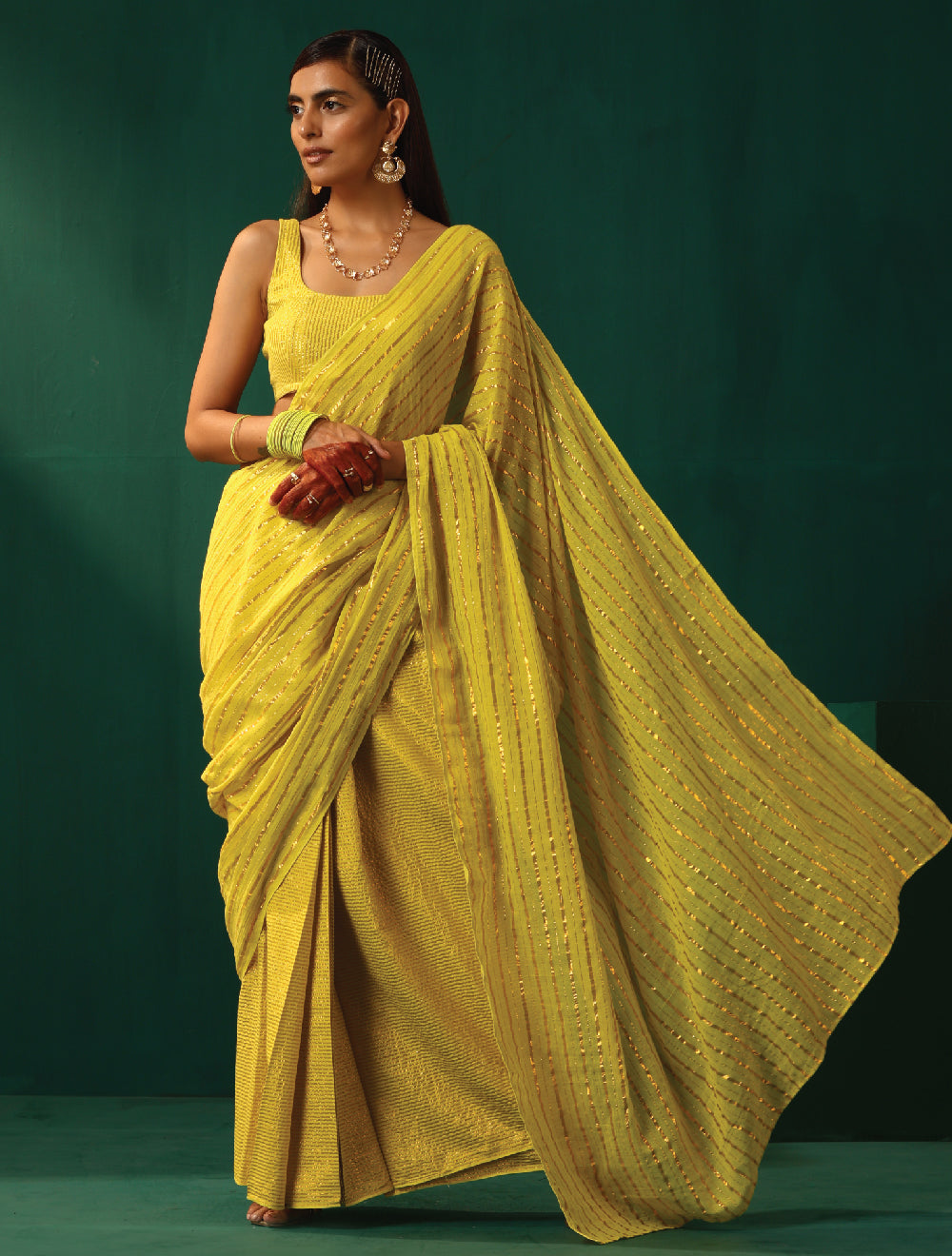 trueBrowns Lime Cotton Gold Lurex Striped Ready to Wear Saree | Swadesiicart