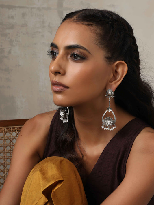 trueBrowns Silver Tone Floral Chandbaali Earrings - Swadesiicart