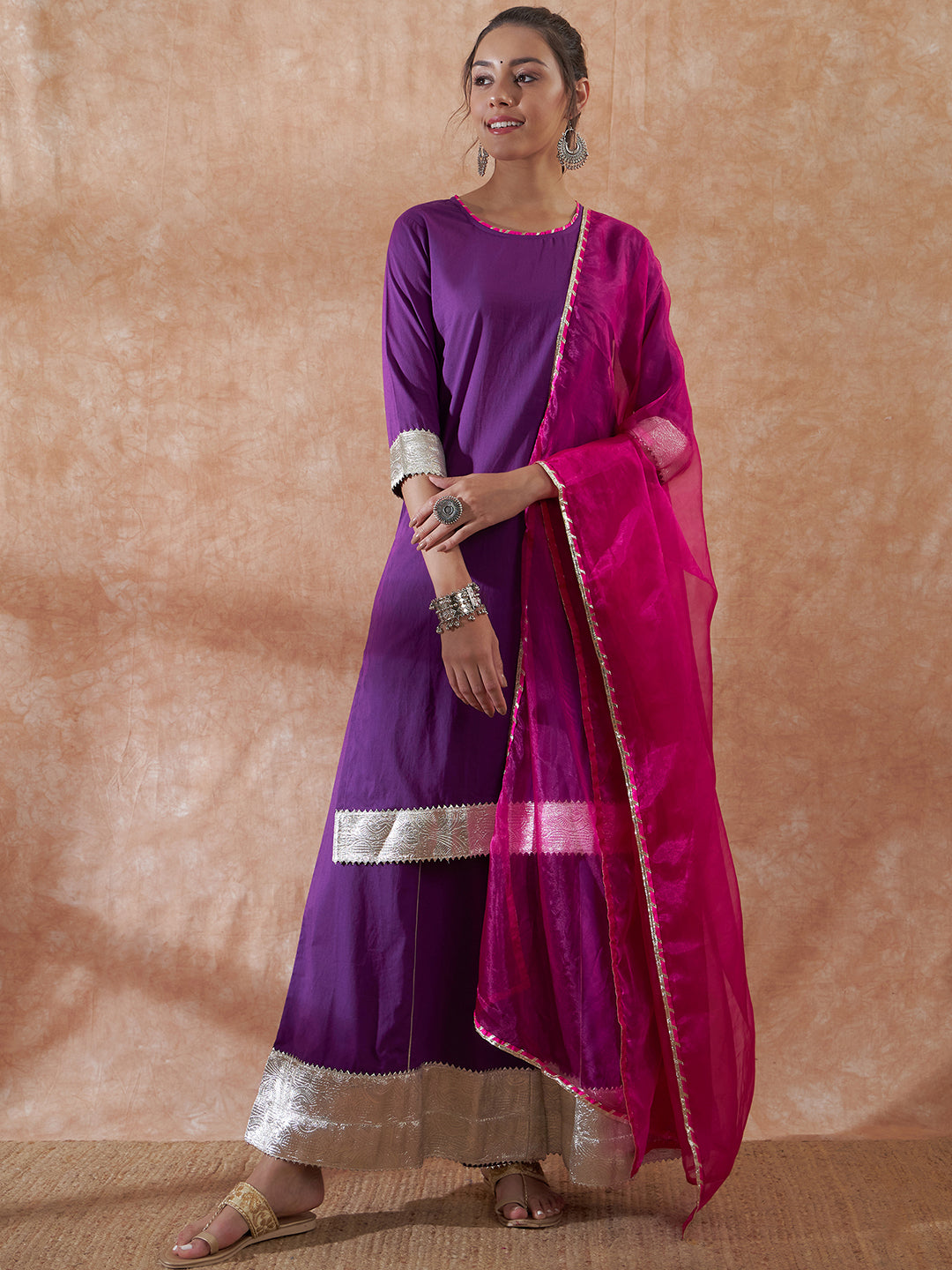 InWeave Women's Purple Gota Work Anarkali Kurta Set W Dupatta - Swadesiicart