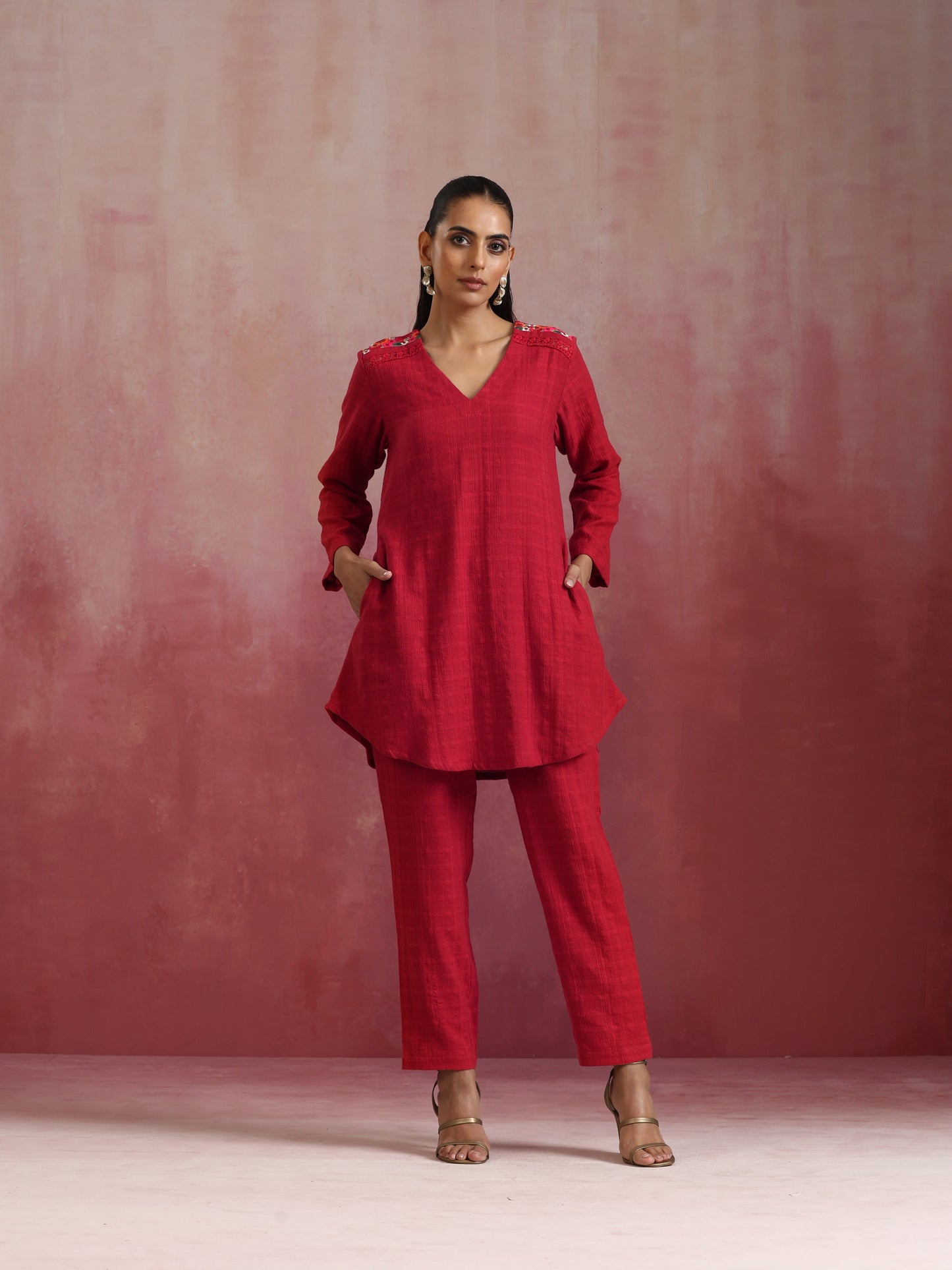 trueBrowns Red Cotton Dobby Kurta Co-ord set - Swadesiicart