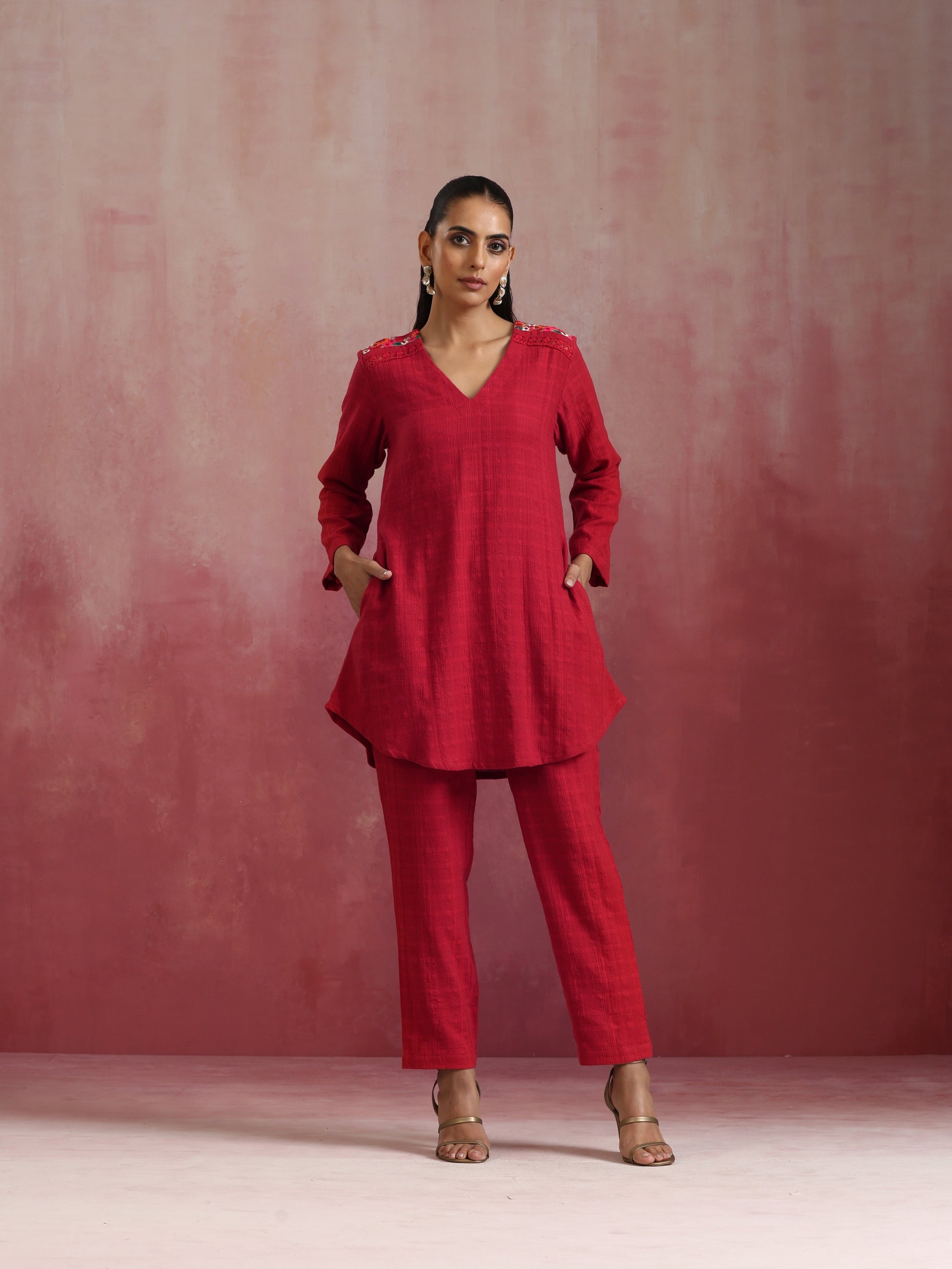 trueBrowns Red Cotton Dobby Kurta Co-ord set - Swadesiicart