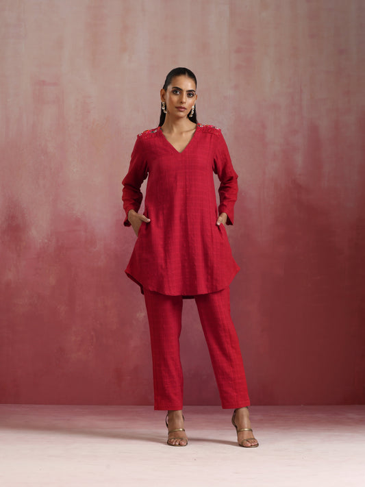 trueBrowns Red Cotton Dobby Kurta Co-ord set - Swadesiicart
