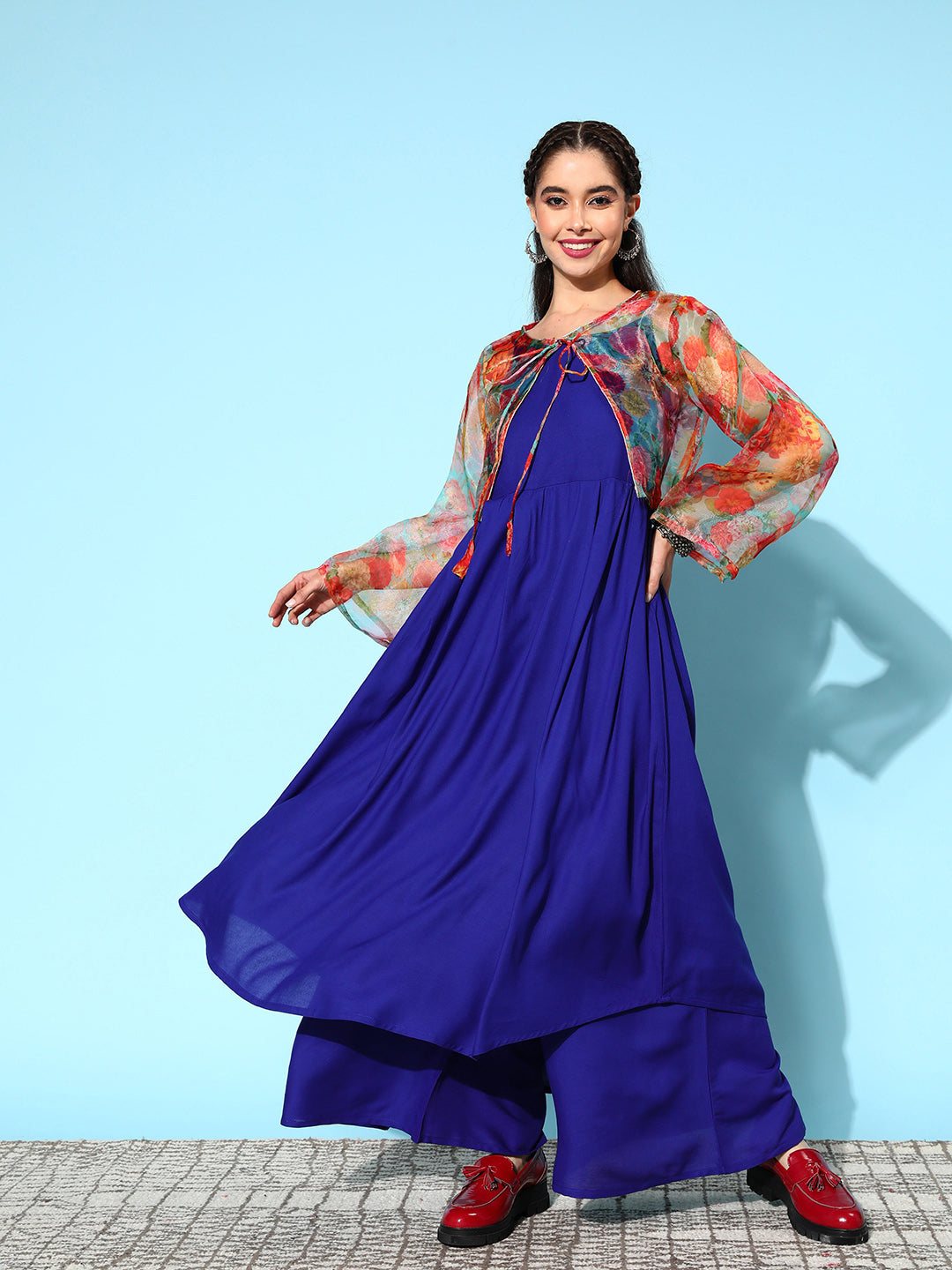 InWeave Women's Strappy Set Ink Blue With Green Floral Short Or Cape - Swadesiicart