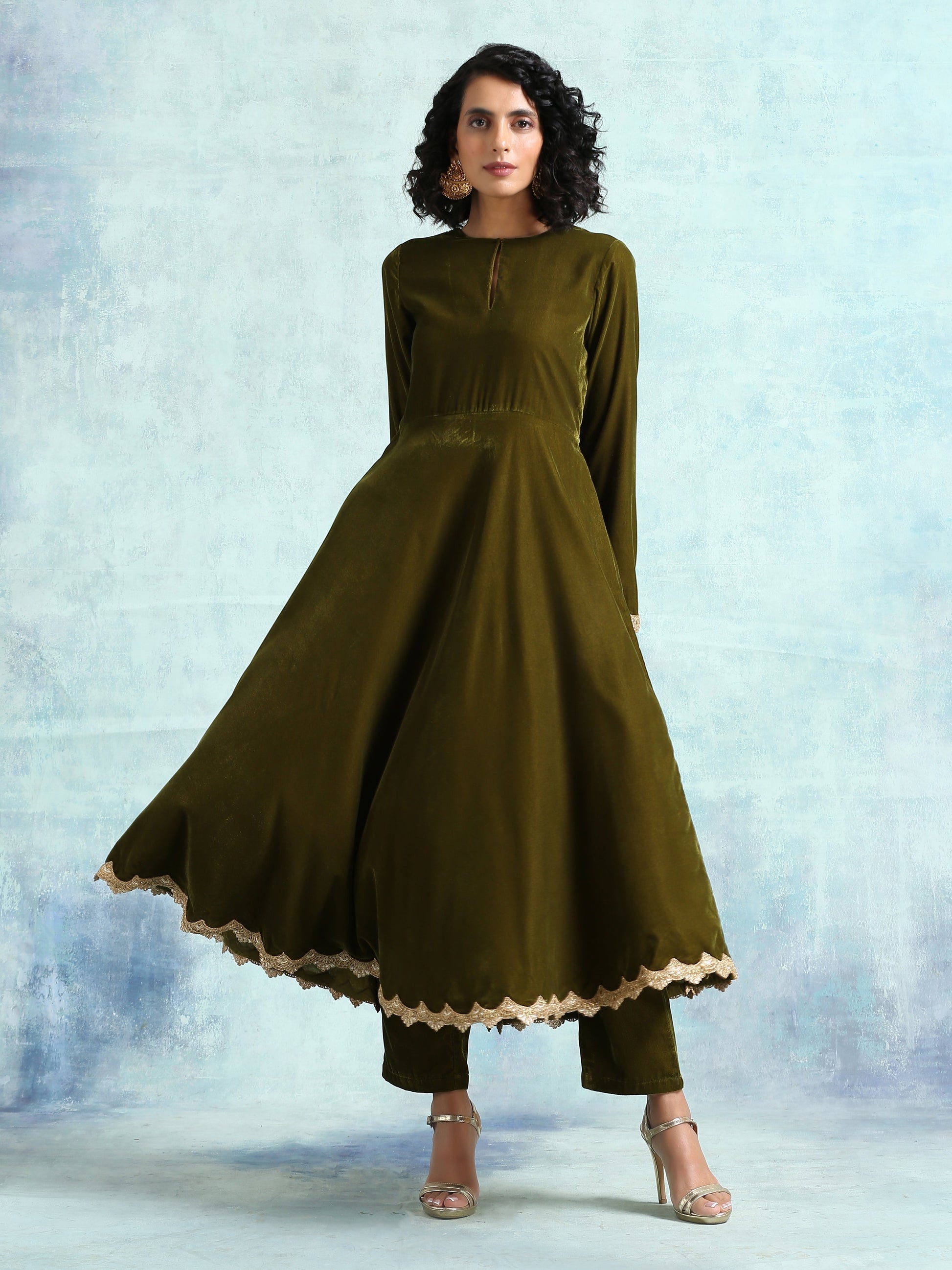 trueBrowns Mehandi Velvet Anarkali Kurta | Swadesiicart