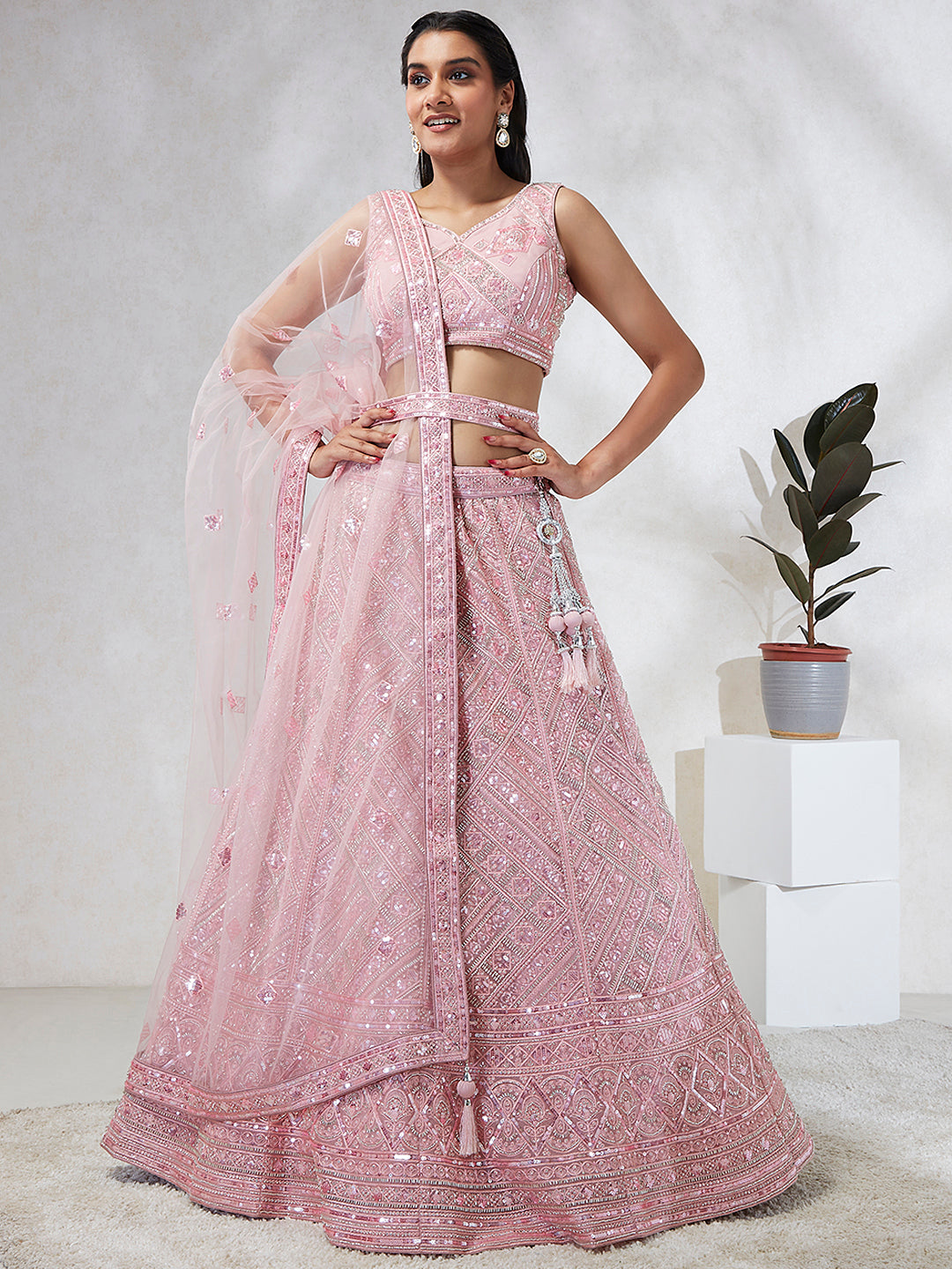 House of Panchhi Pink Net Cutdana, Sequins And Zarkan Embroidery Lehenga Choli & Dupatta | Swadesiicart